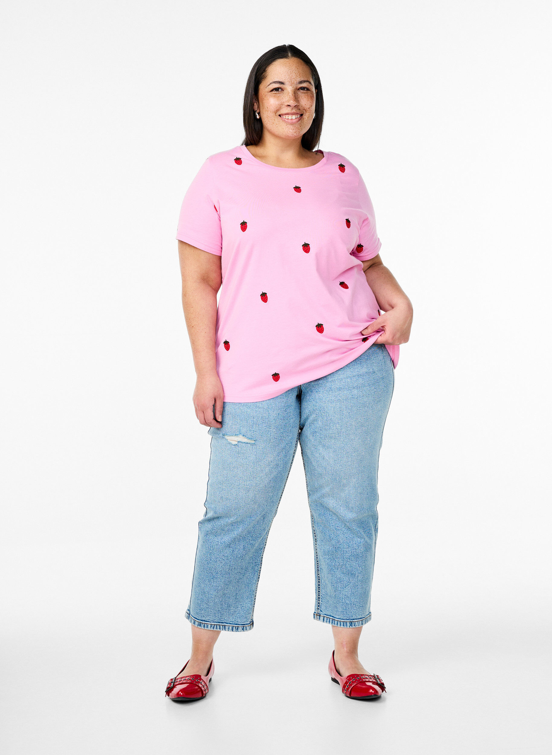 Zizzifashion T-shirt in organic cotton with embroidered motifs, Pink, Model image number 1