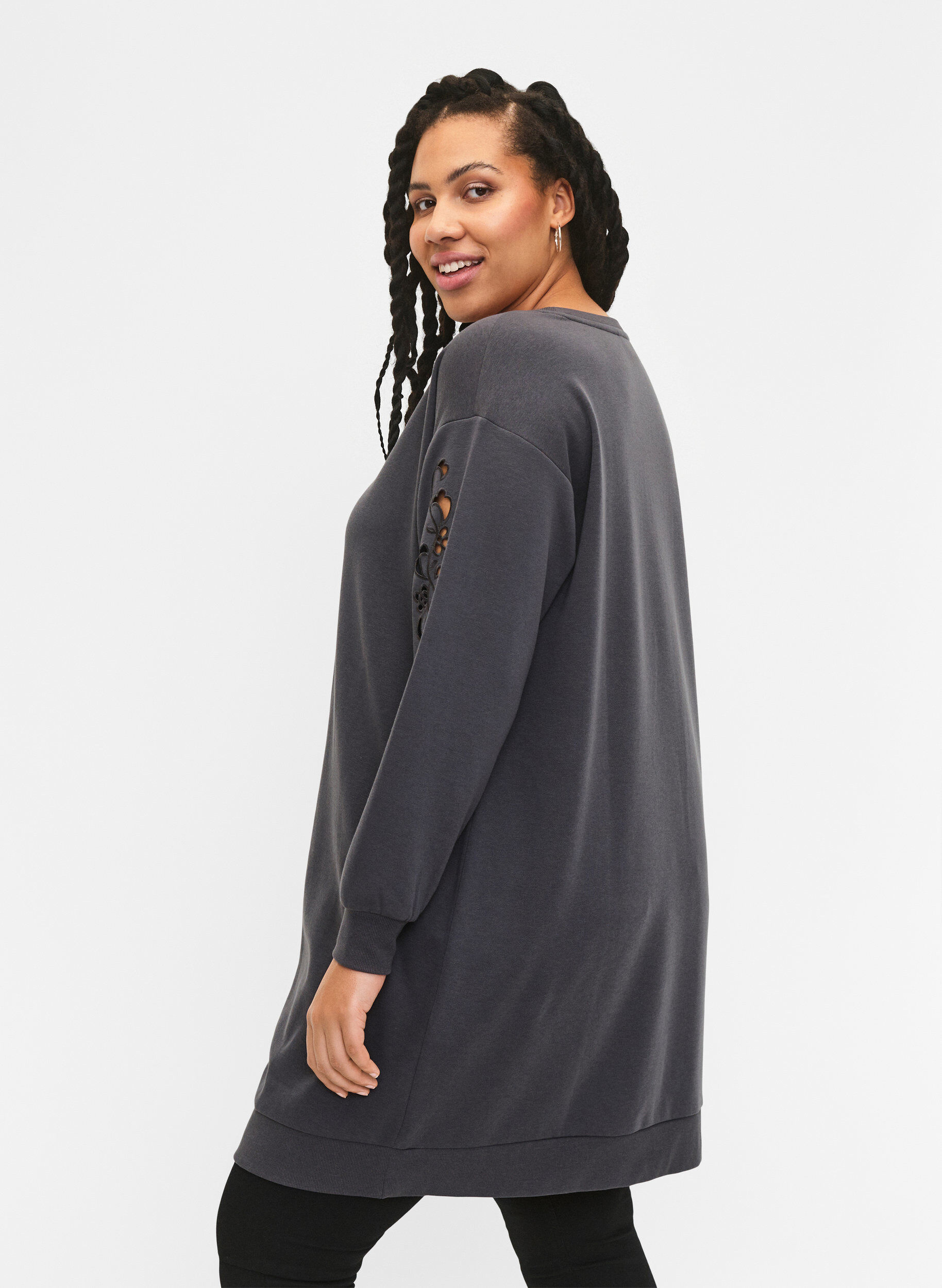 Zizzifashion Sweat dress with embroidered details, Dark Grey, Model image number 1