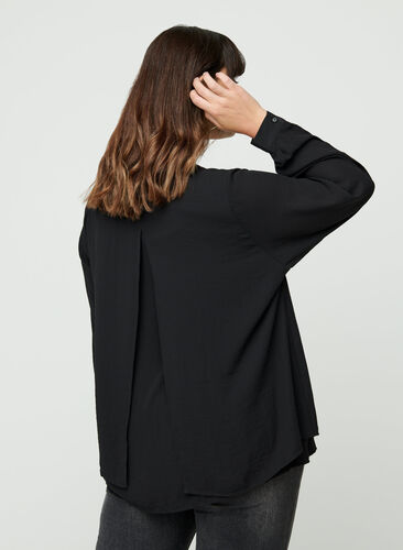 Long-sleeved V-neck blouse, Black, Model image number 1