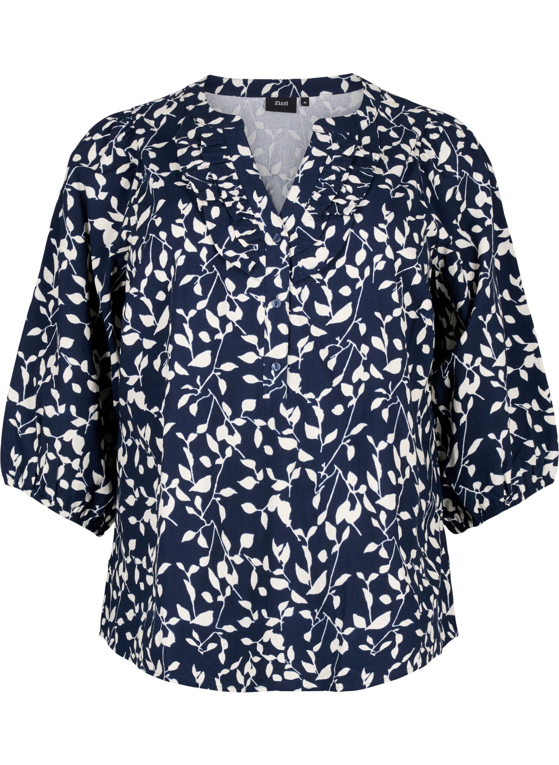 Zizzifashion 3/4 sleeve cotton Blouse with print, Navy Blazer Leaf, Packshot image number 0