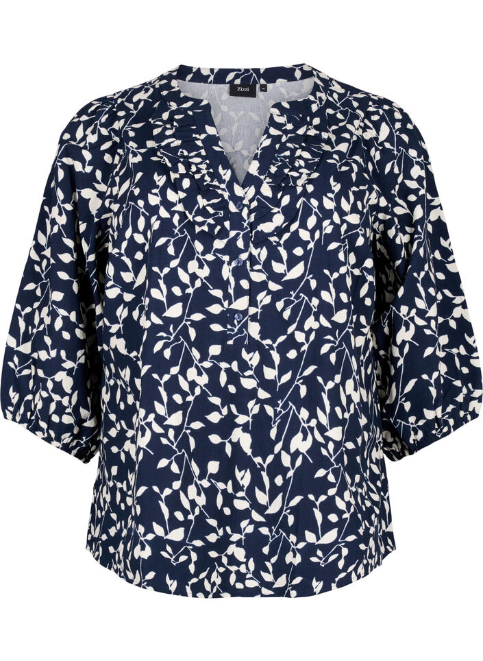 3/4 sleeve cotton Blouse with print, Navy Blazer Leaf, Packshot image number 0