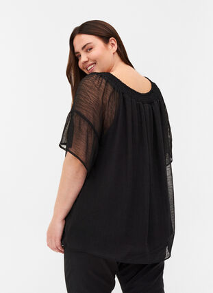 Short-sleeved blouse with smock and light structure, Black, Model image number 1
