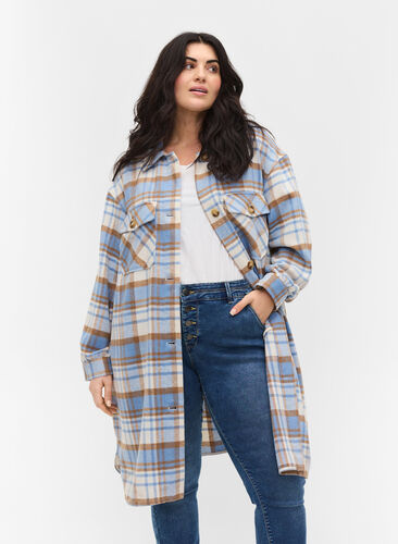 Long checked shirt jacket with chest pockets, Serenity Check, Model image number 0