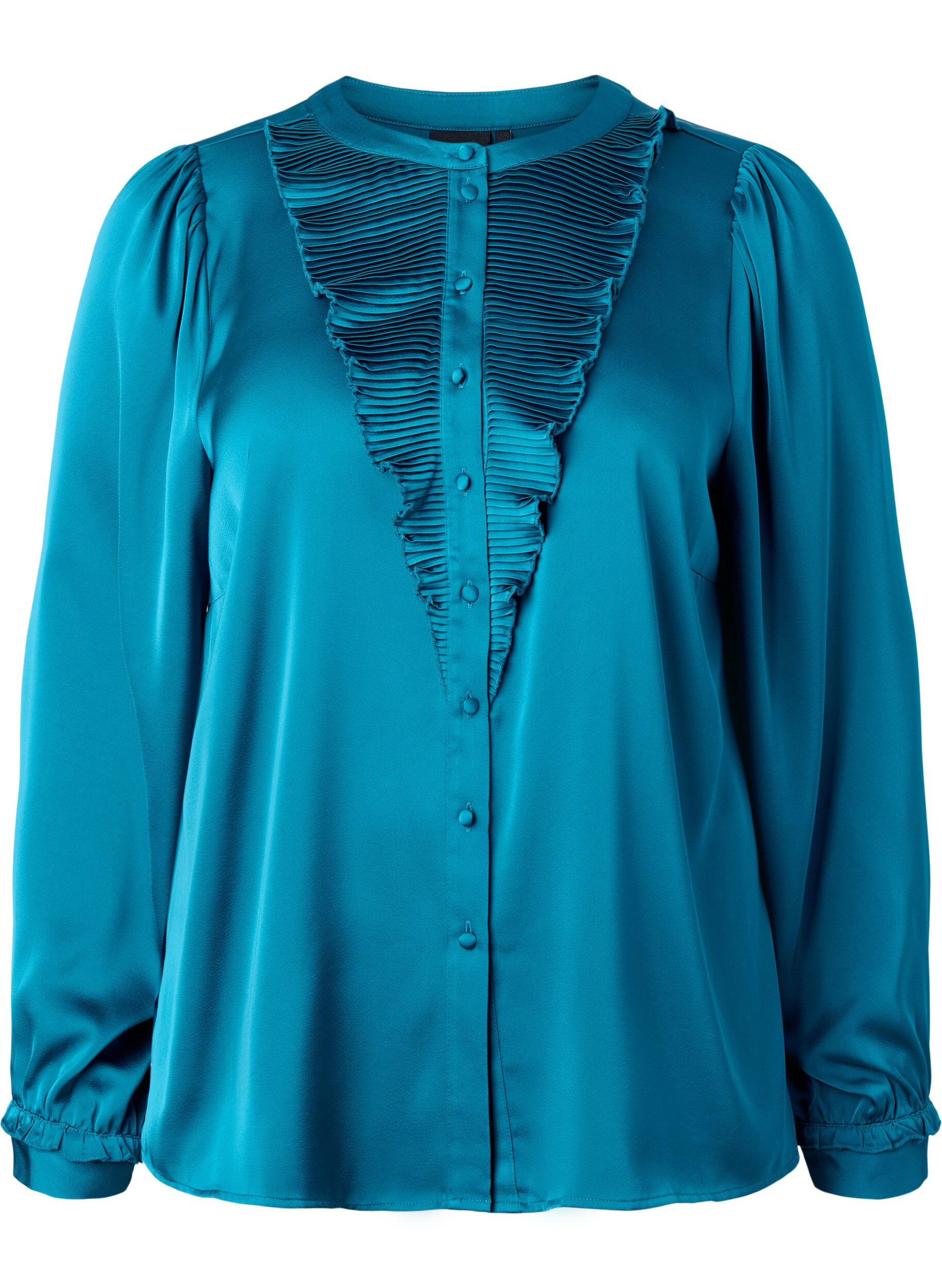Zizzifashion Satin shirt blouse with ruffle details, Shaded Spruce, Packshot image number 0