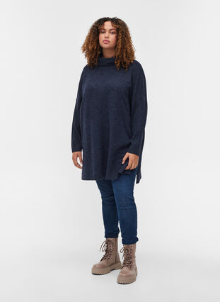 Marled, roll neck knitted poncho with slits, Night Sky Mel., Model image number 2