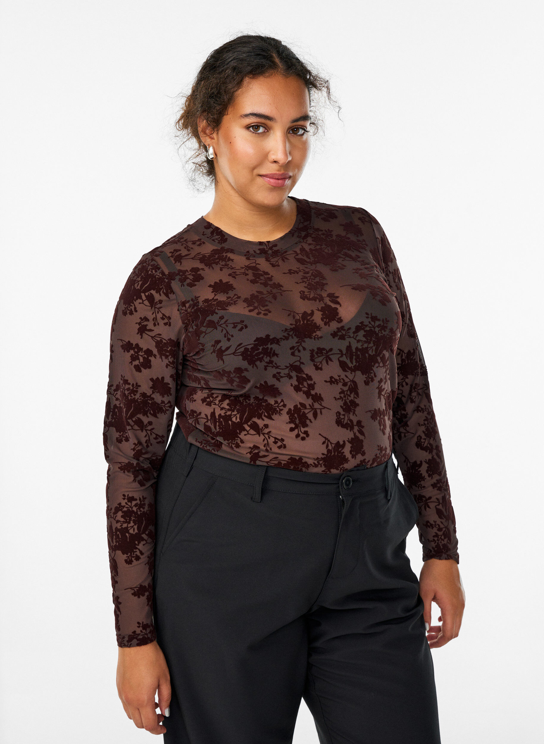 Mesh blouse with floral pattern, Brown, Model