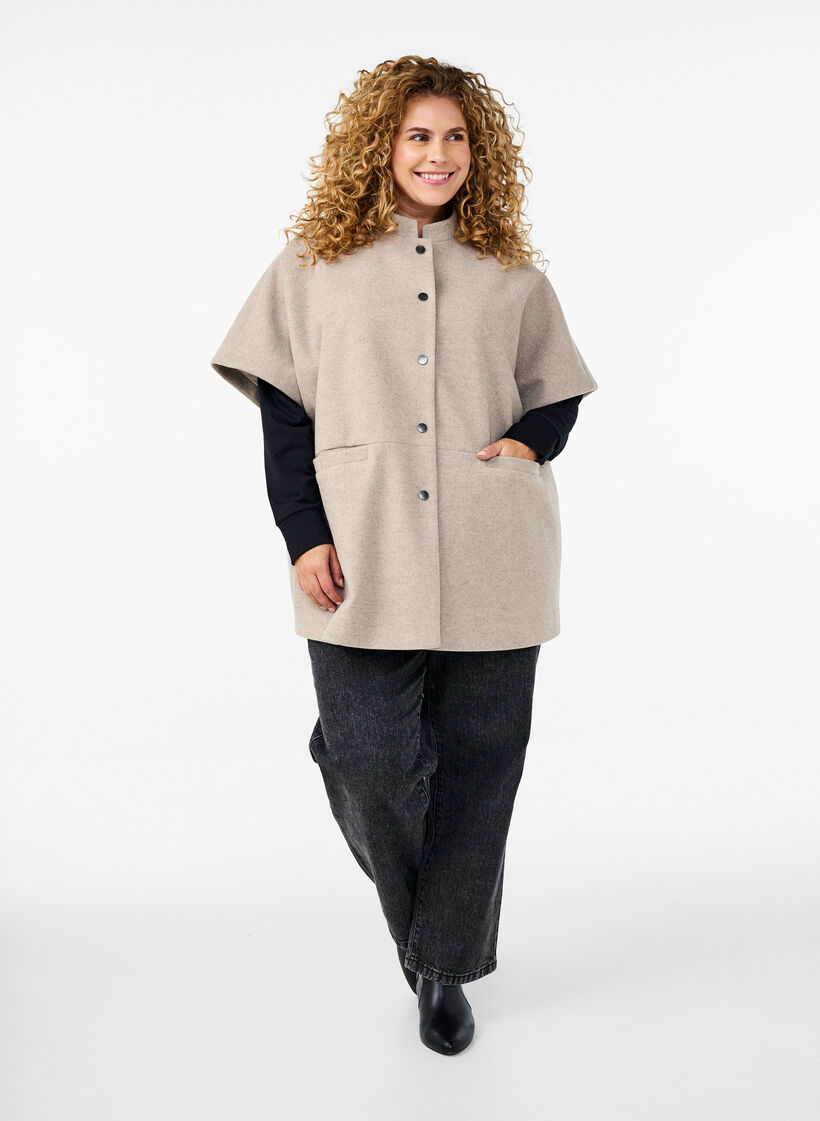Cape jacket in a wool-look with short sleeves, Simply Taupe Mel., Model image number 2