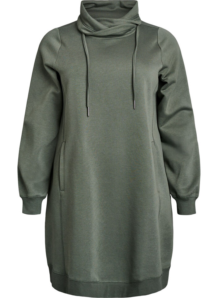 Short sweatshirt dress with high collar and pockets, Green, Packshot image number 0