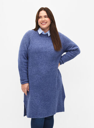 Rib-knit dress with slit, Gray Blue Mel., Model image number 0