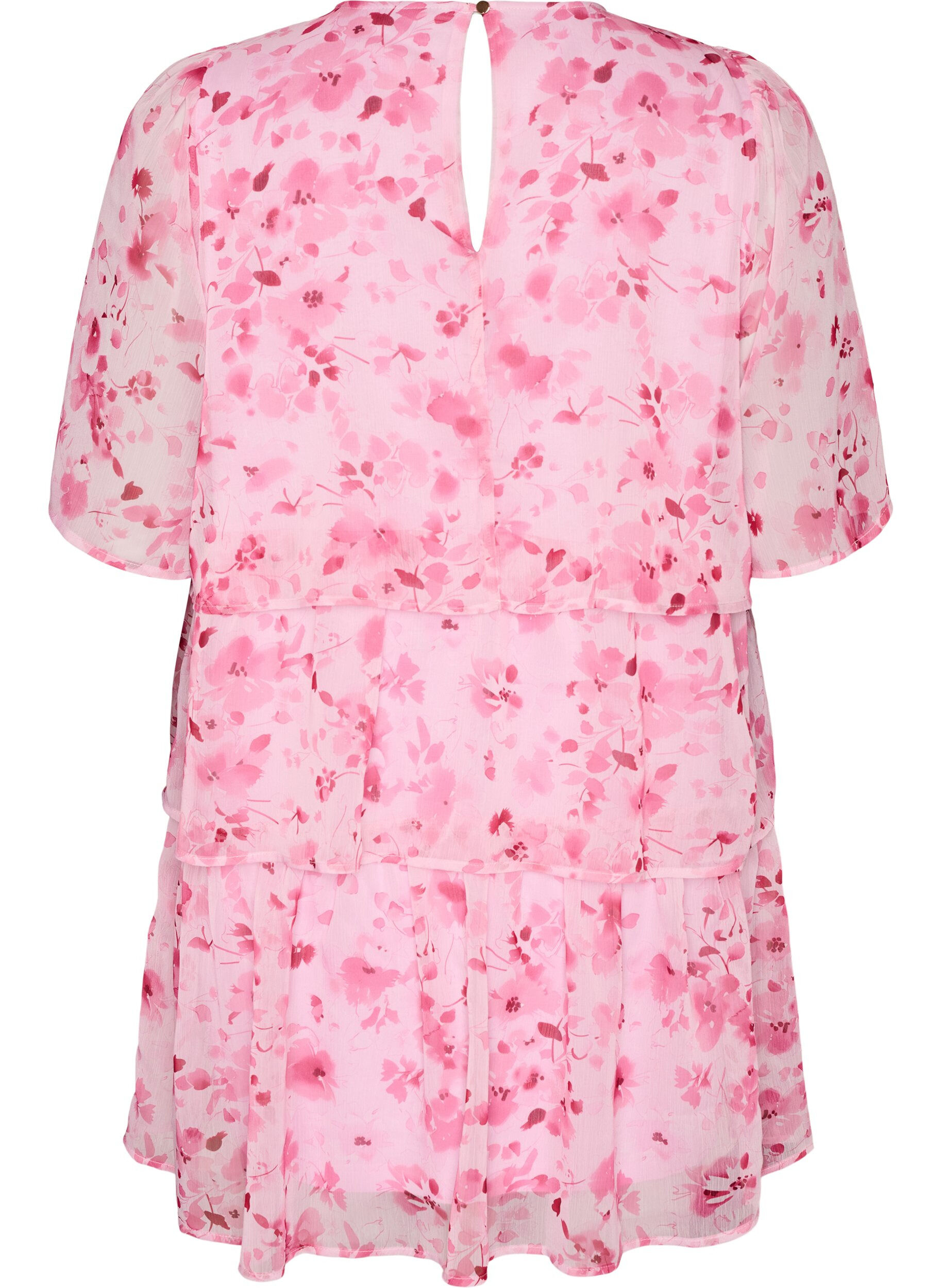 Zizzifashion Short chiffon-look dress with floral print and ruffle layers, Pink, Packshot image number 1