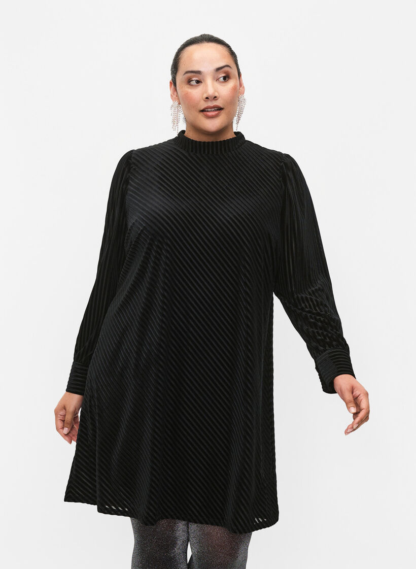 Structured pattern dress in velour, Black, Model image number 0