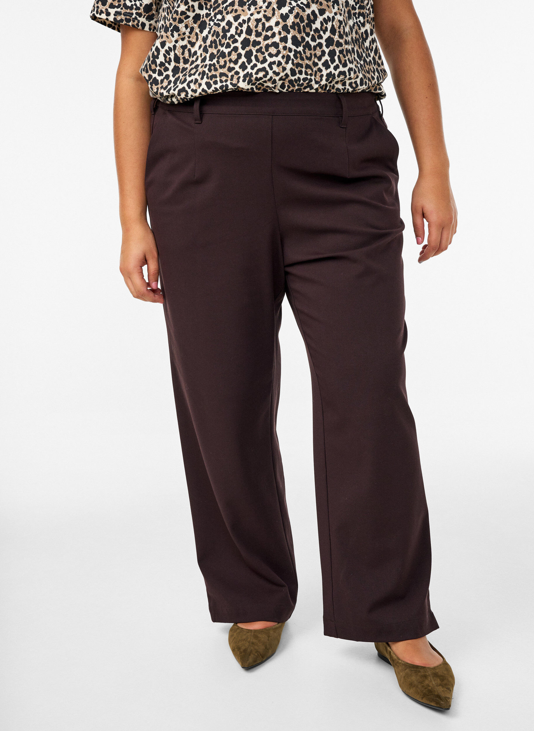 Zizzifashion Trousers with high waist and elastic waistband at back, Brown, Model image number 2