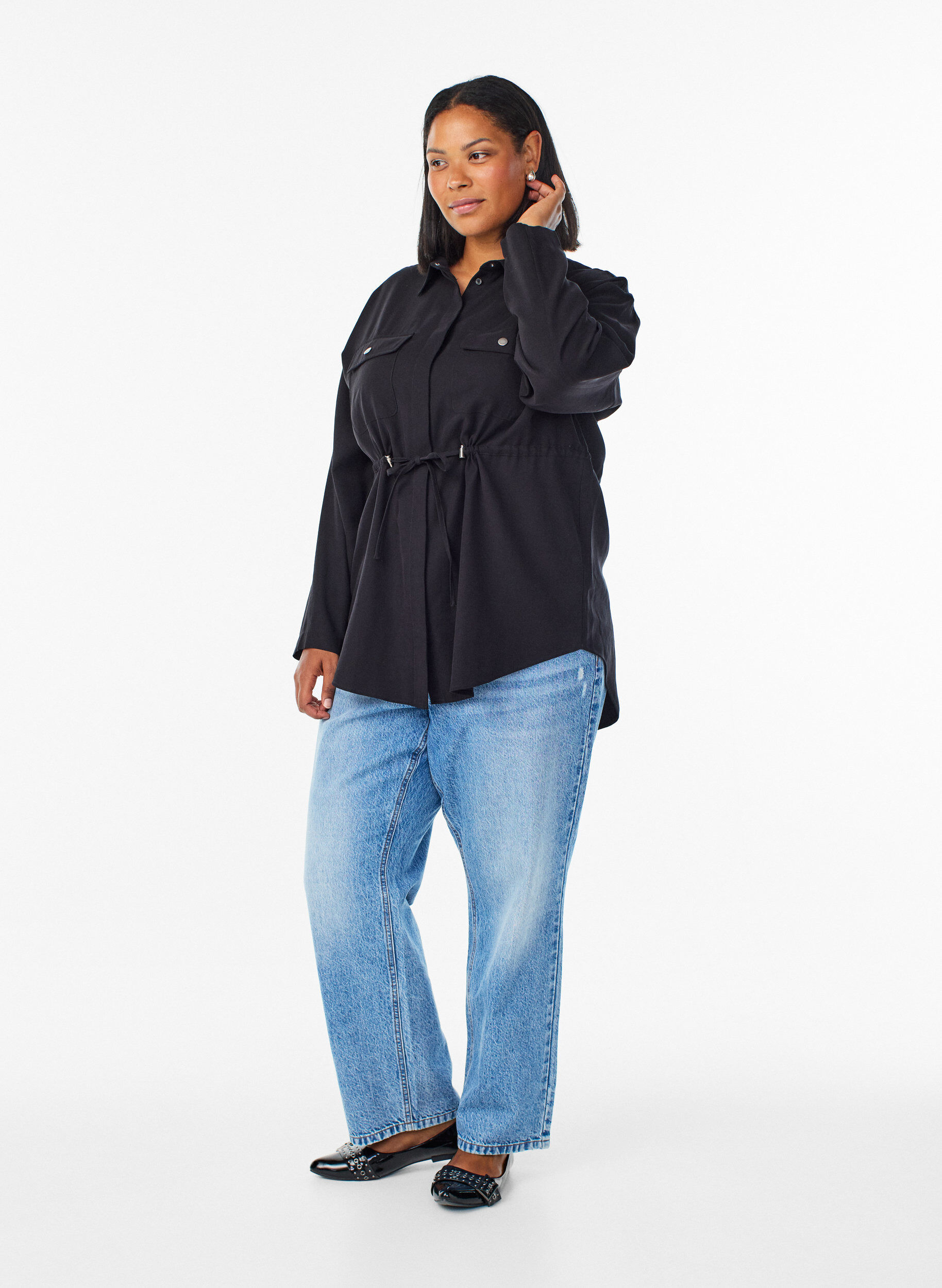 Zizzifashion Tunic with chest pockets and adjustable waist, Black, Model image number 1