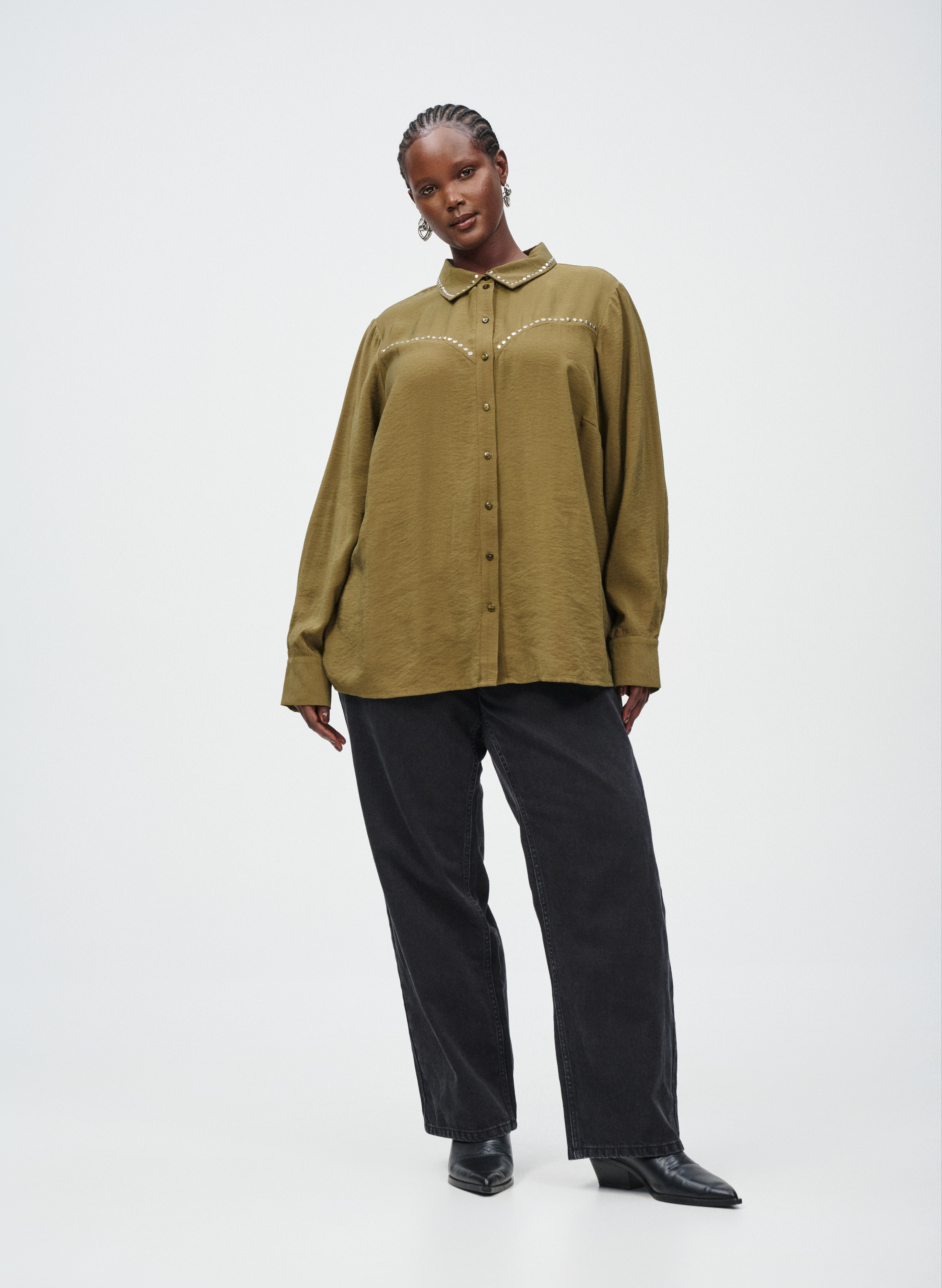 Green shirt with studs, , Model