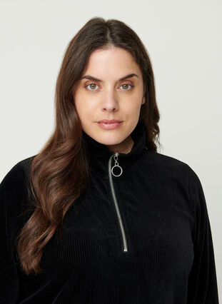 High neck velour blouse with zip, Black, Model image number 2