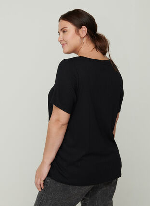 Plain ribbed t-shirt with short sleeves, Black, Model image number 1
