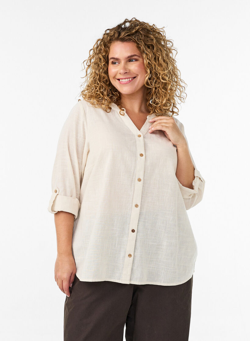 Cotton shirt blouse with a v-neck, Vanilla, Model image number 0
