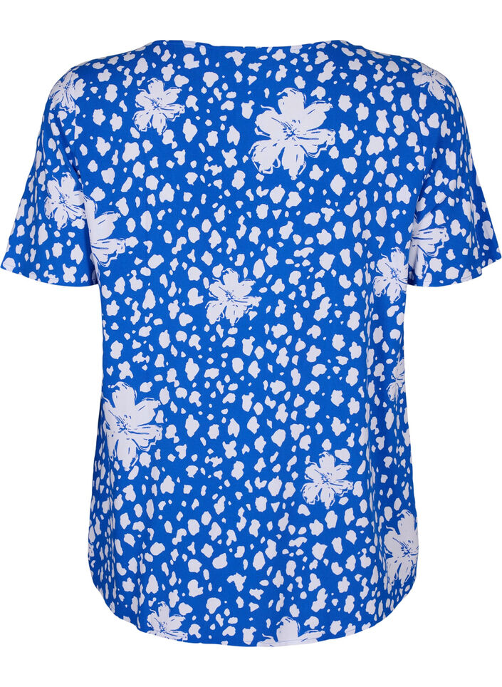 FLASH - Short sleeve viscose blouse with print, Blue, Packshot image number 1