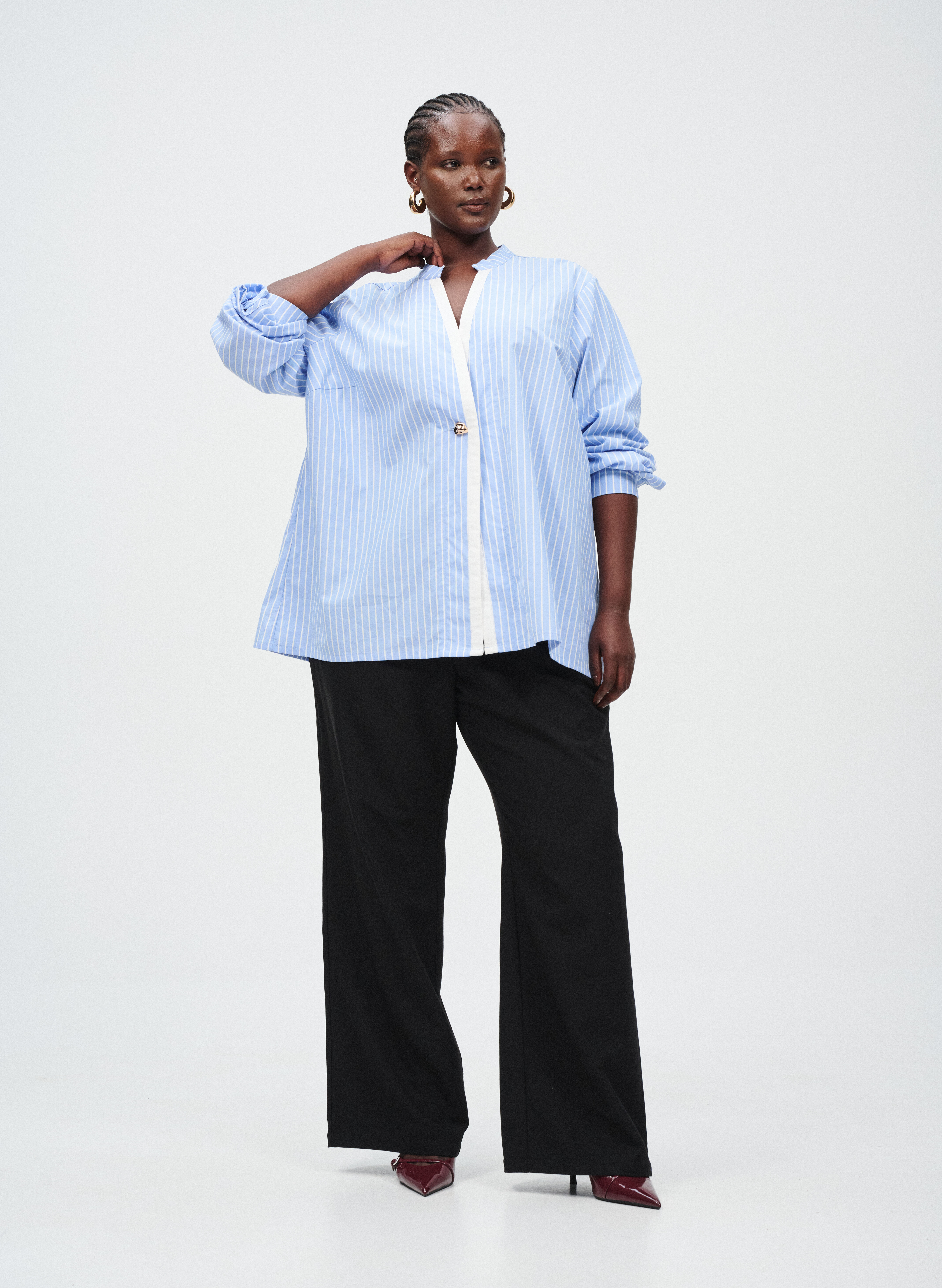 Blue striped shirt with split detail, , Model