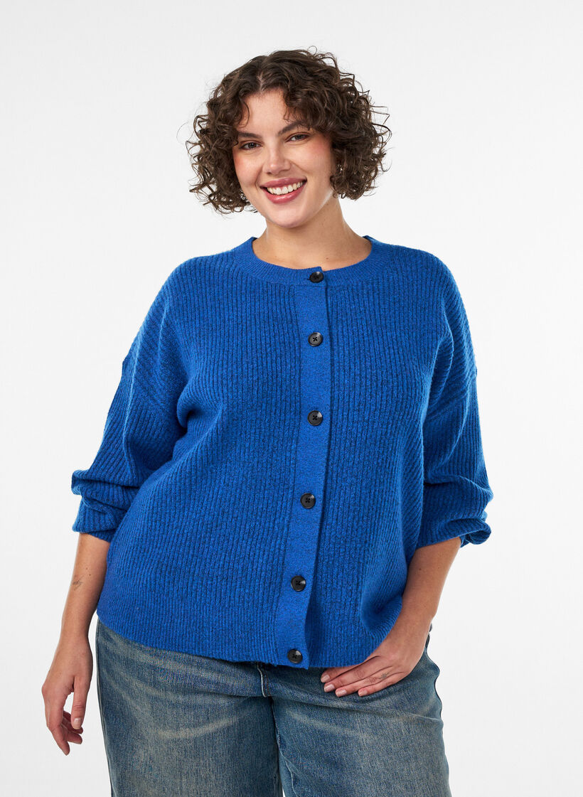 Rib knit cardigan with buttons, Blue, Model image number 0