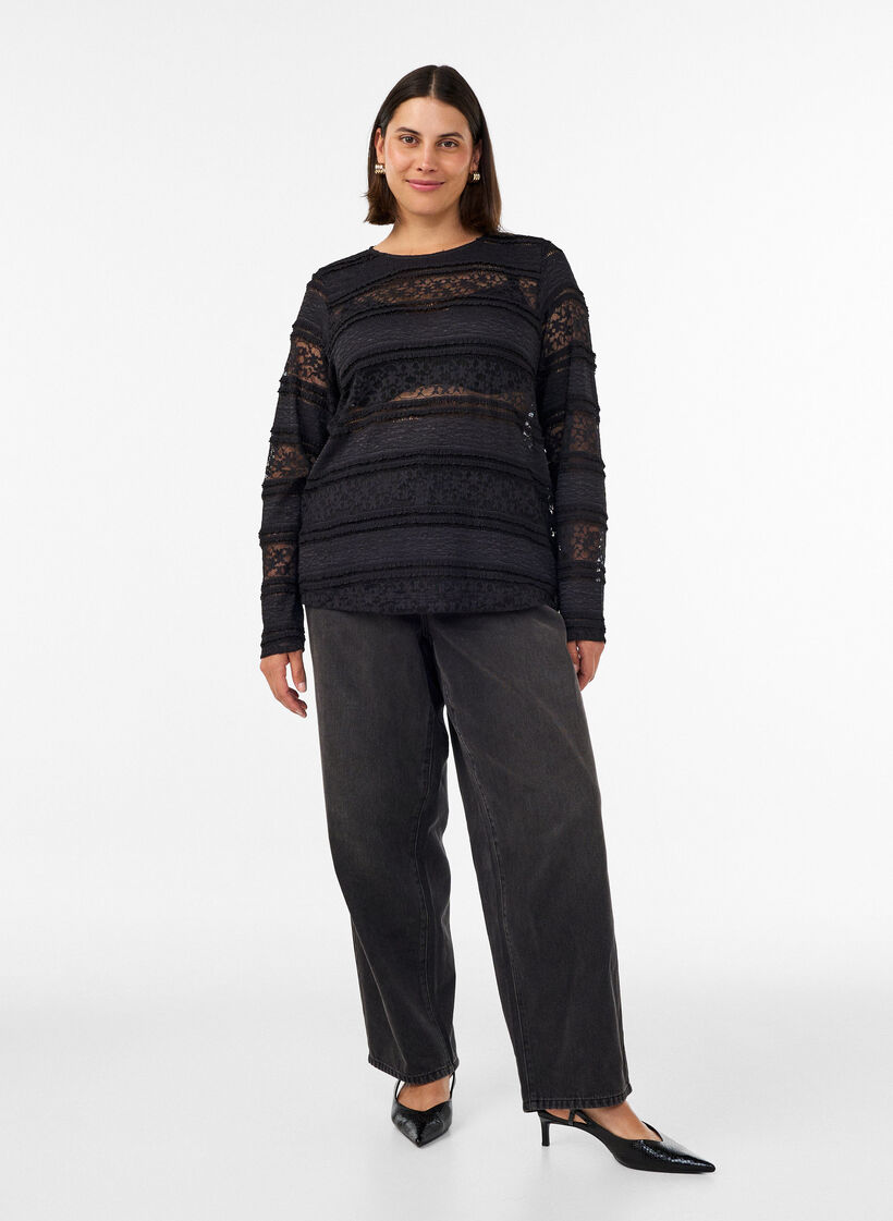 Lace blouse with long sleeves, Black, Model image number 1