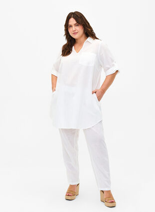 Short-sleeved cotton blend tunic with linen, Bright White, Model image number 2