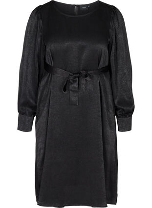 Textured dress with puff sleeves, Black, Packshot image number 0
