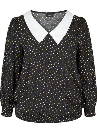 Viscose blouse with collar and smocking, Black AOP, Packshot image number 0