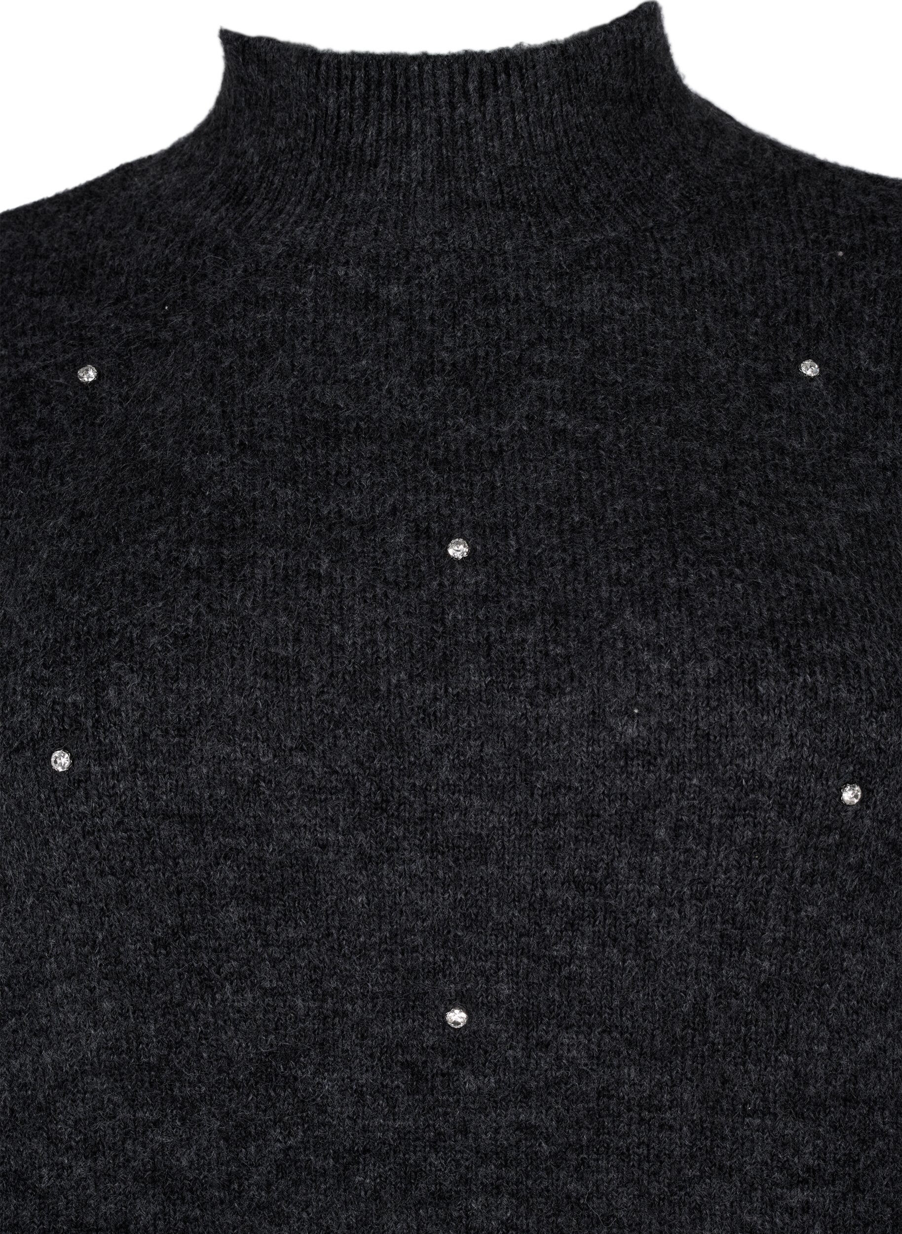 Zizzifashion Knitted blouse with rhinestones and a high neckline, Dark Grey Melange, Packshot image number 2