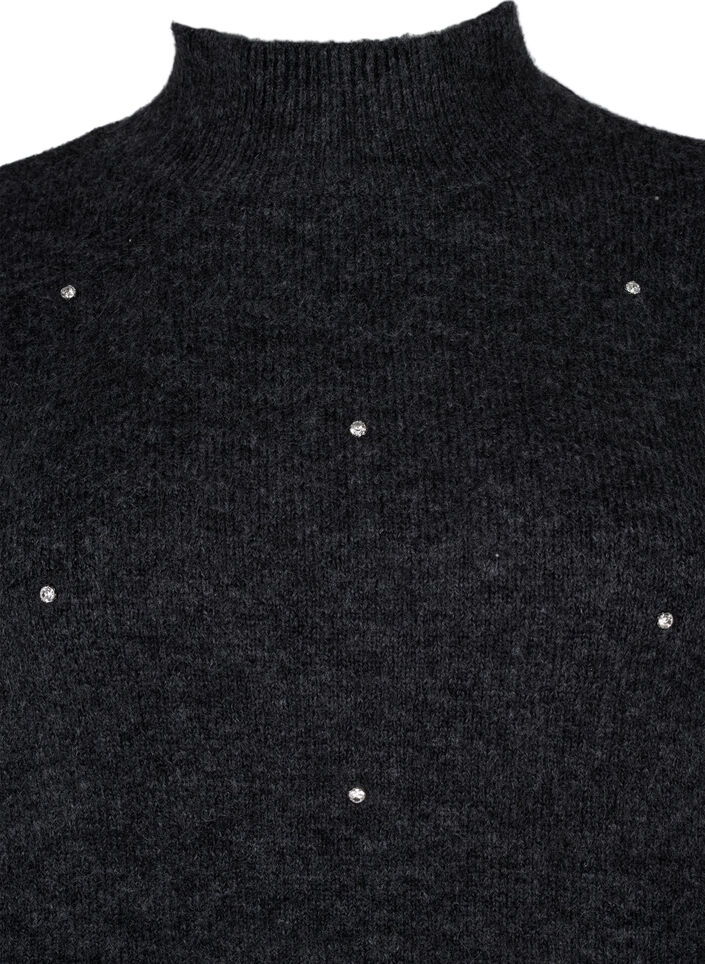 Knitted blouse with rhinestones and a high neckline, Dark Grey Melange, Packshot image number 2