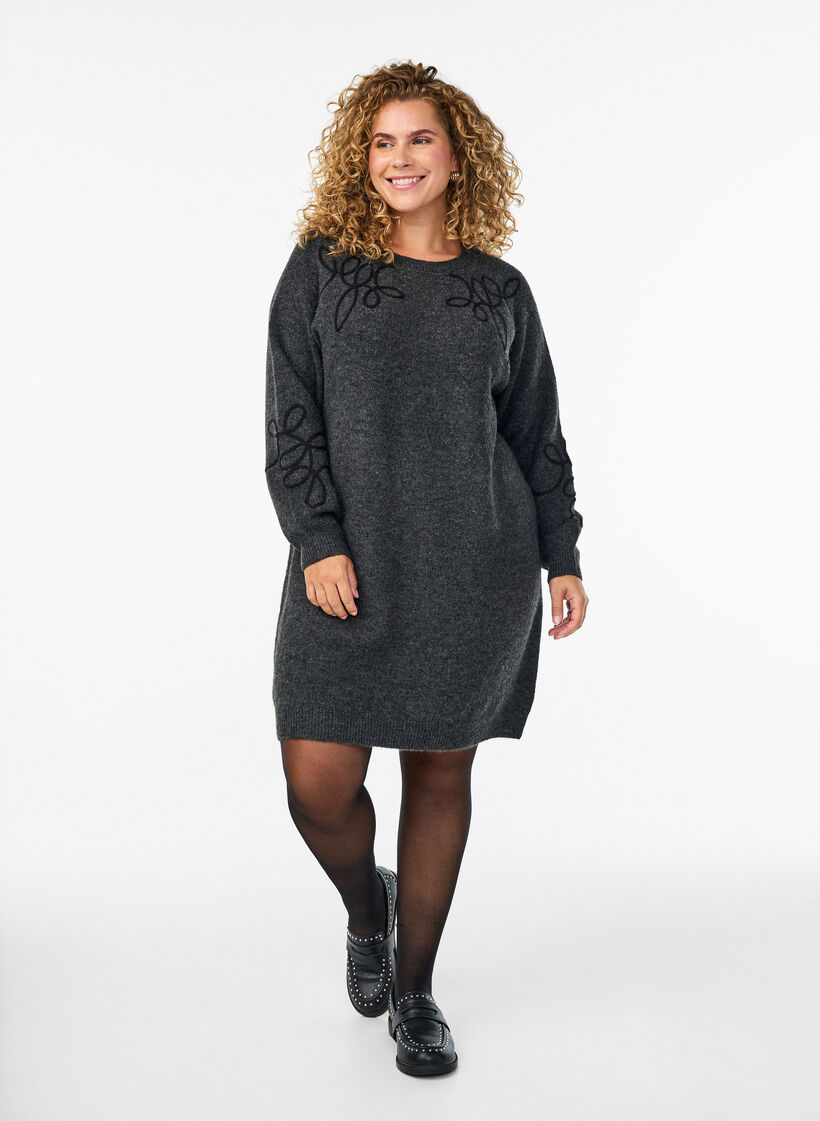 Short knitted dress with sewn-on cord details, Dark Grey, Model image number 0