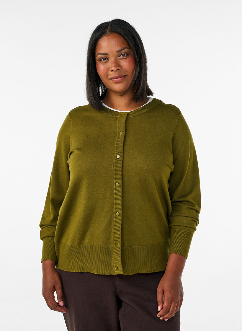 Knitted cardigan with round neck and buttons, Green, Model image number 0