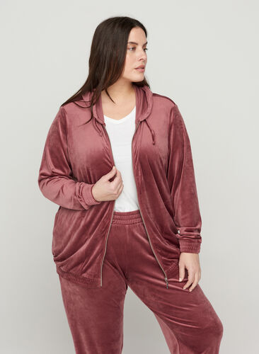 Velour cardigan with zip and hood, Mesa Rose, Model image number 0