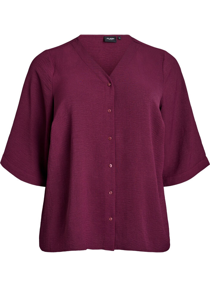 Shirt Blouse with V-Neck and 3/4 Sleeves, Red, Packshot image number 0
