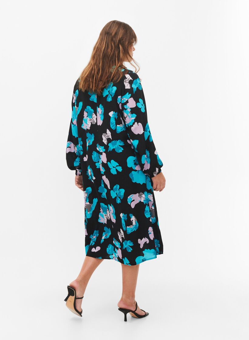 Long-sleeved viscose dress with print, Blue AOP, Model image number 1