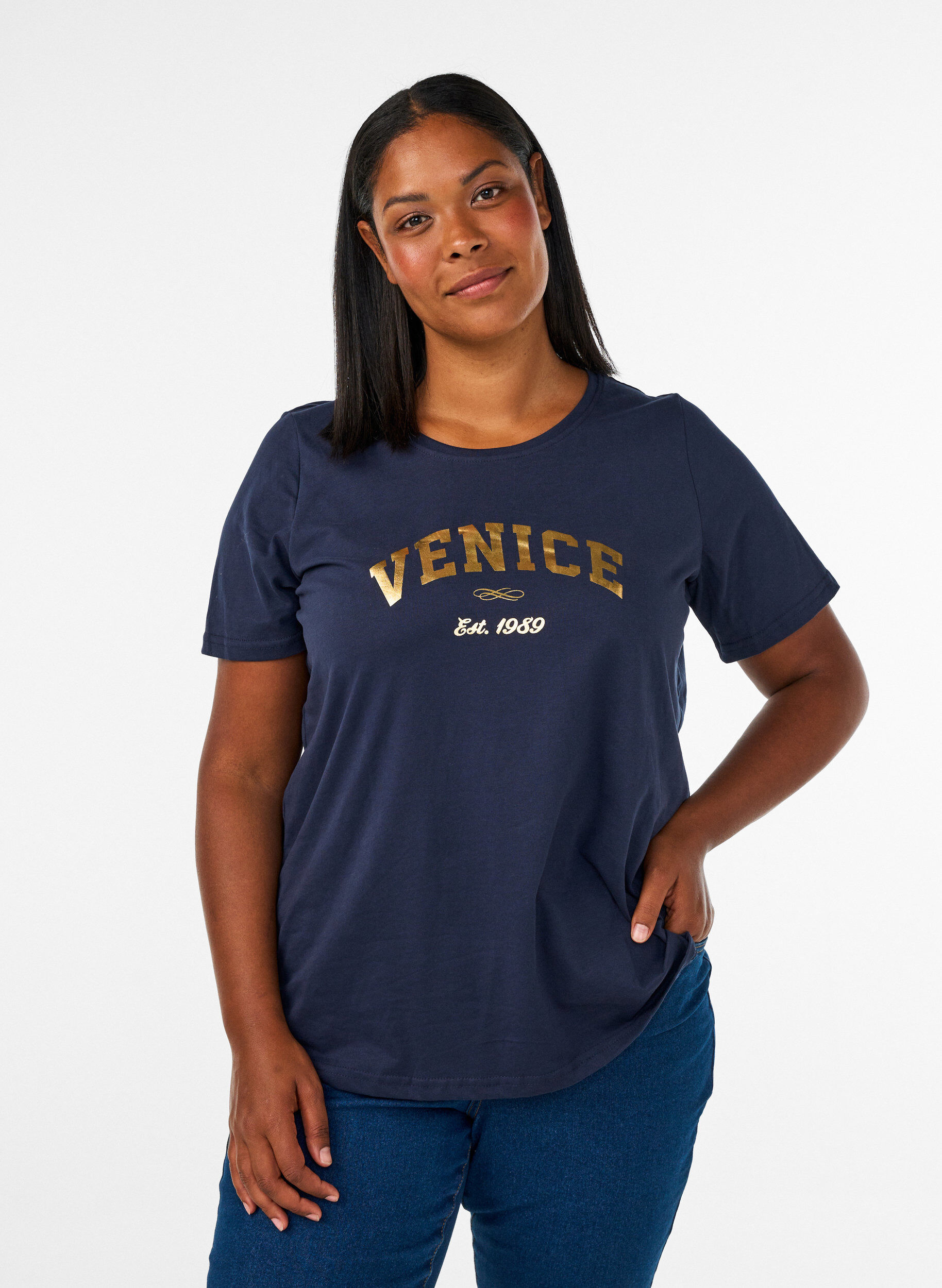 T-shirt with motif, Blue, Model