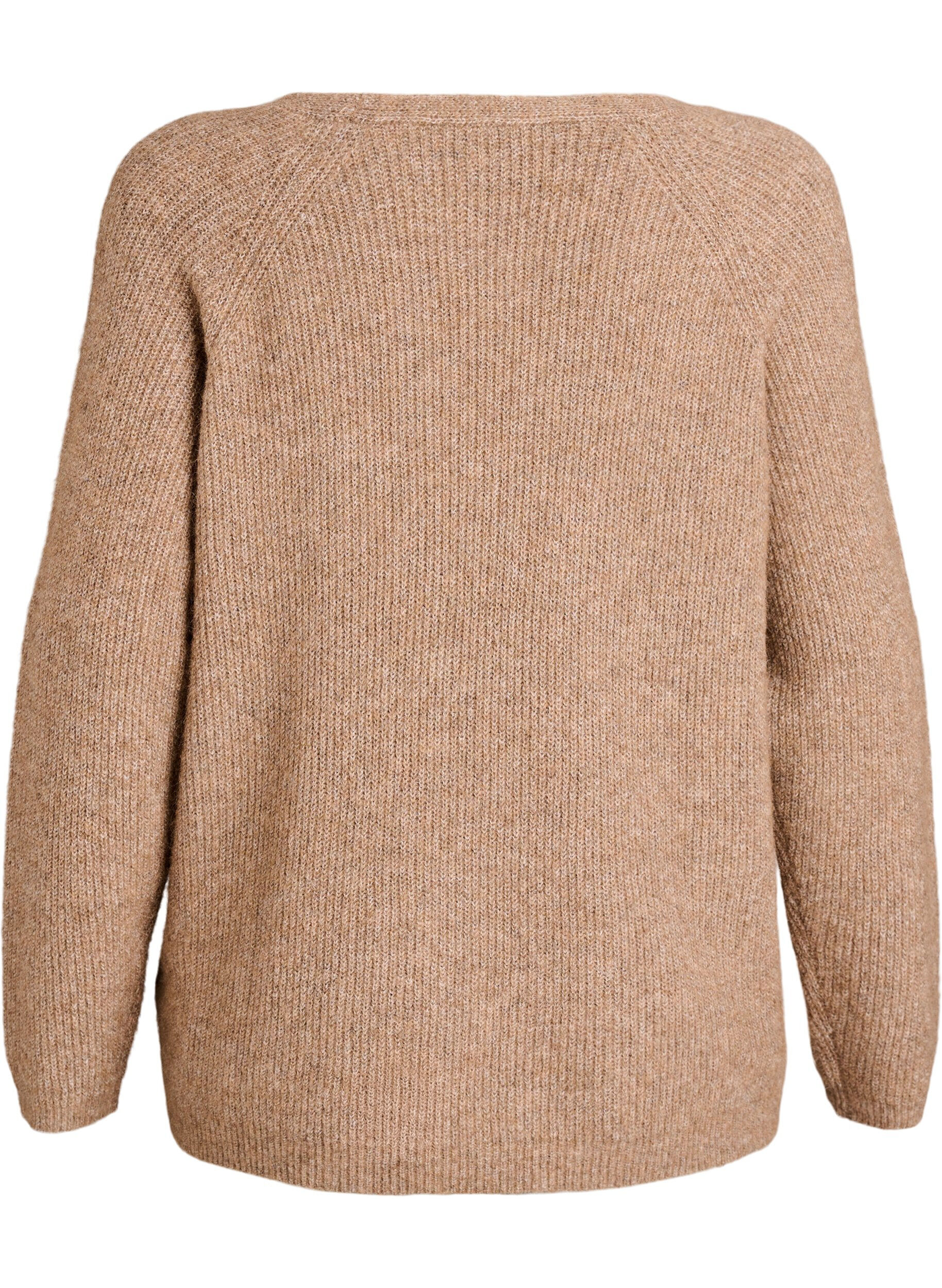 ZizzifashionKnitted blouse with V-neck and raglan sleeves, Brown, Packshot image number 1