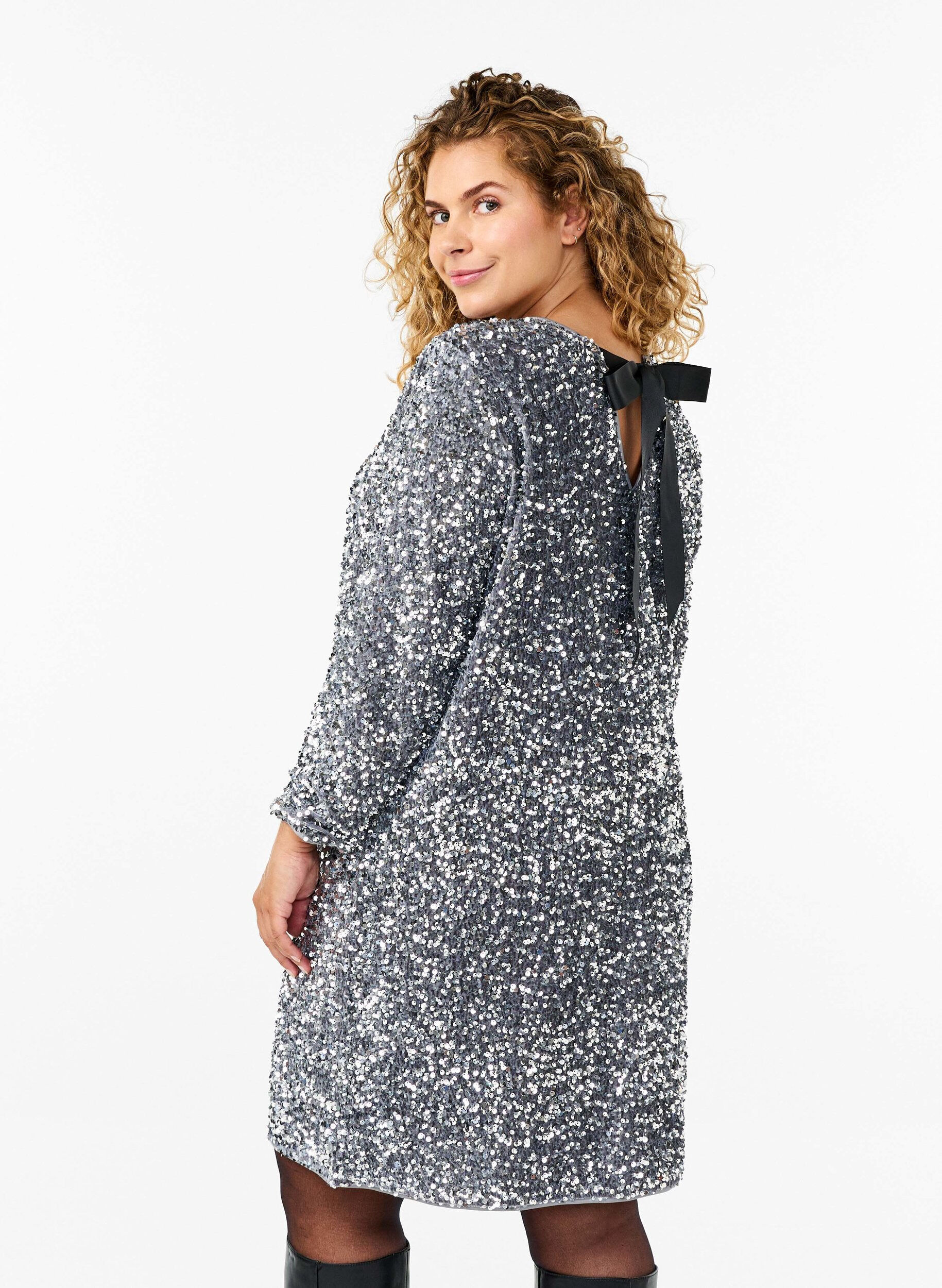 Zizzifashion Sequin dress with bow detail, Silver, Model image number 1