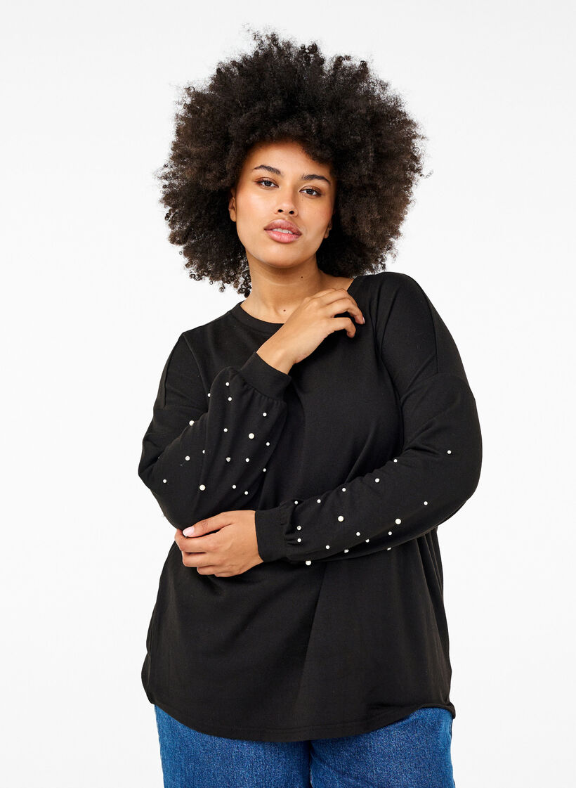Solid coloured blouse with pearls, Black, Model image number 0