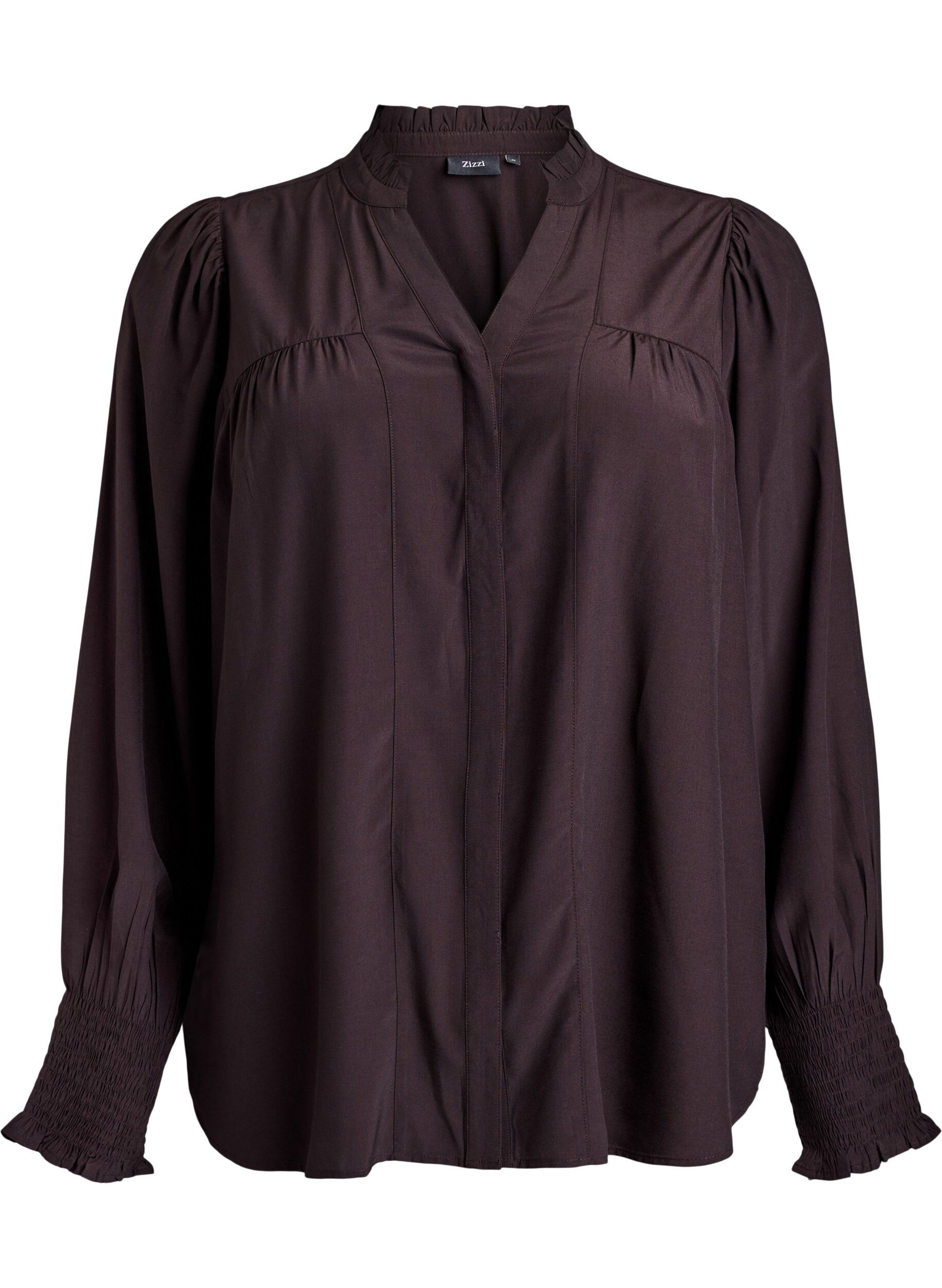 Zizzifashion Blouse with ruffle collar and ruching, Brown, Packshot image number 0