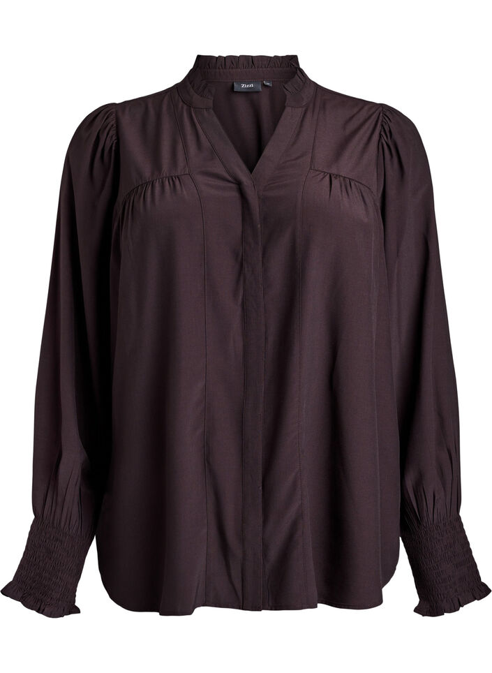 Blouse with ruffle collar and ruching, Brown, Packshot image number 0