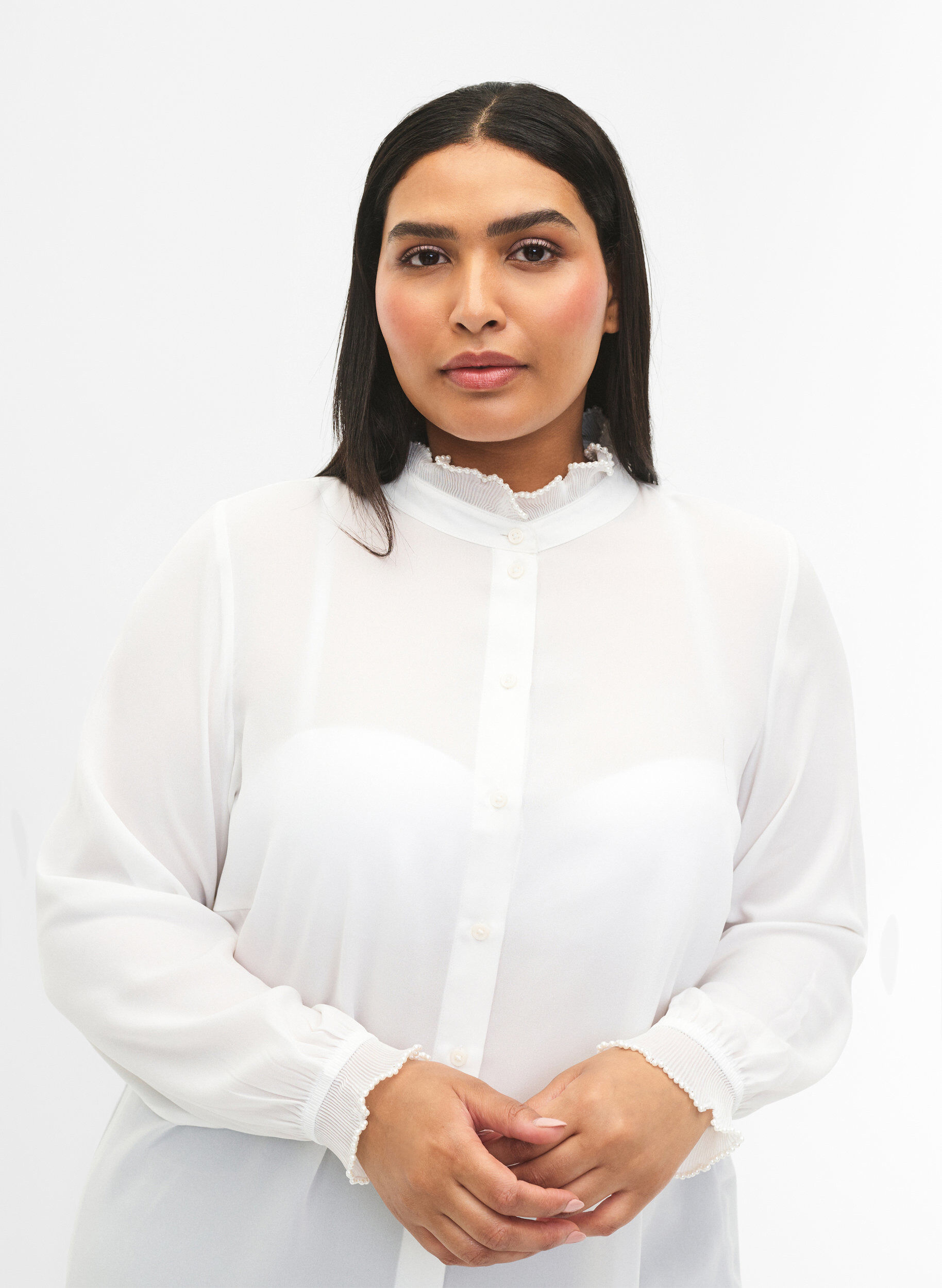 Zizzifashion Shirt blouse with ruffle details, Bright White, Model image number 3