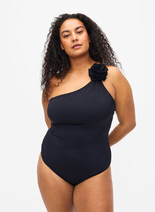 Swimsuit with asymmetric neckline, Black, Model image number 0