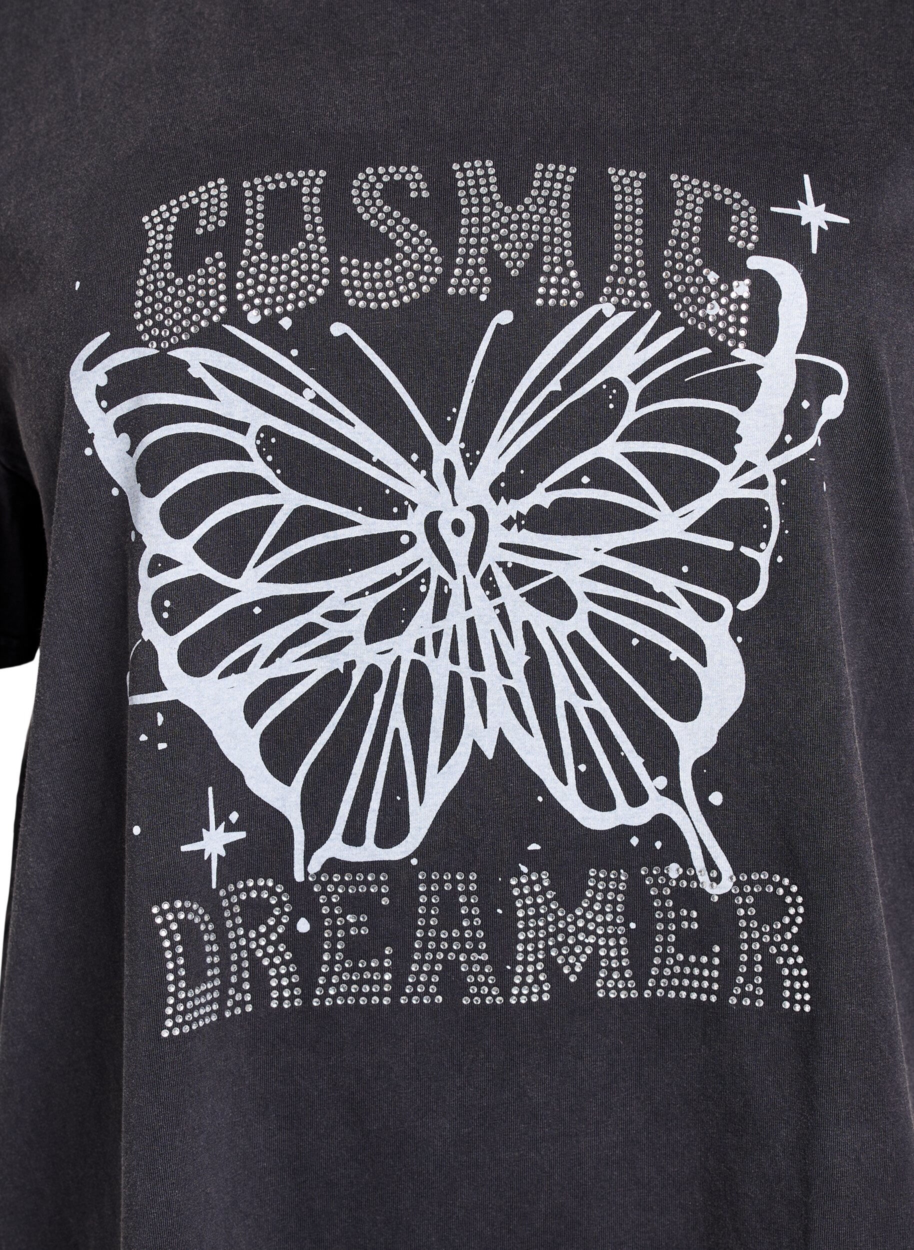 Zizzifashion Organic cotton T-shirt with rhinestones and butterfly motif, Grey, Packshot image number 2