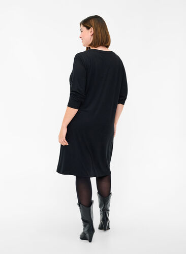 Solid colour long-sleeved dress with V-neck, Black, Model image number 1