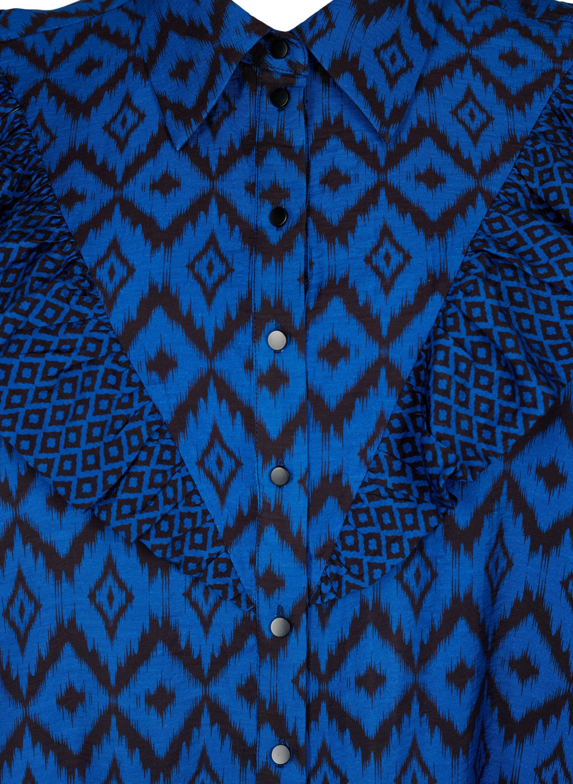 Zizzifashion Long viscose shirt with print and frills, True blue w. Black, Packshot image number 2