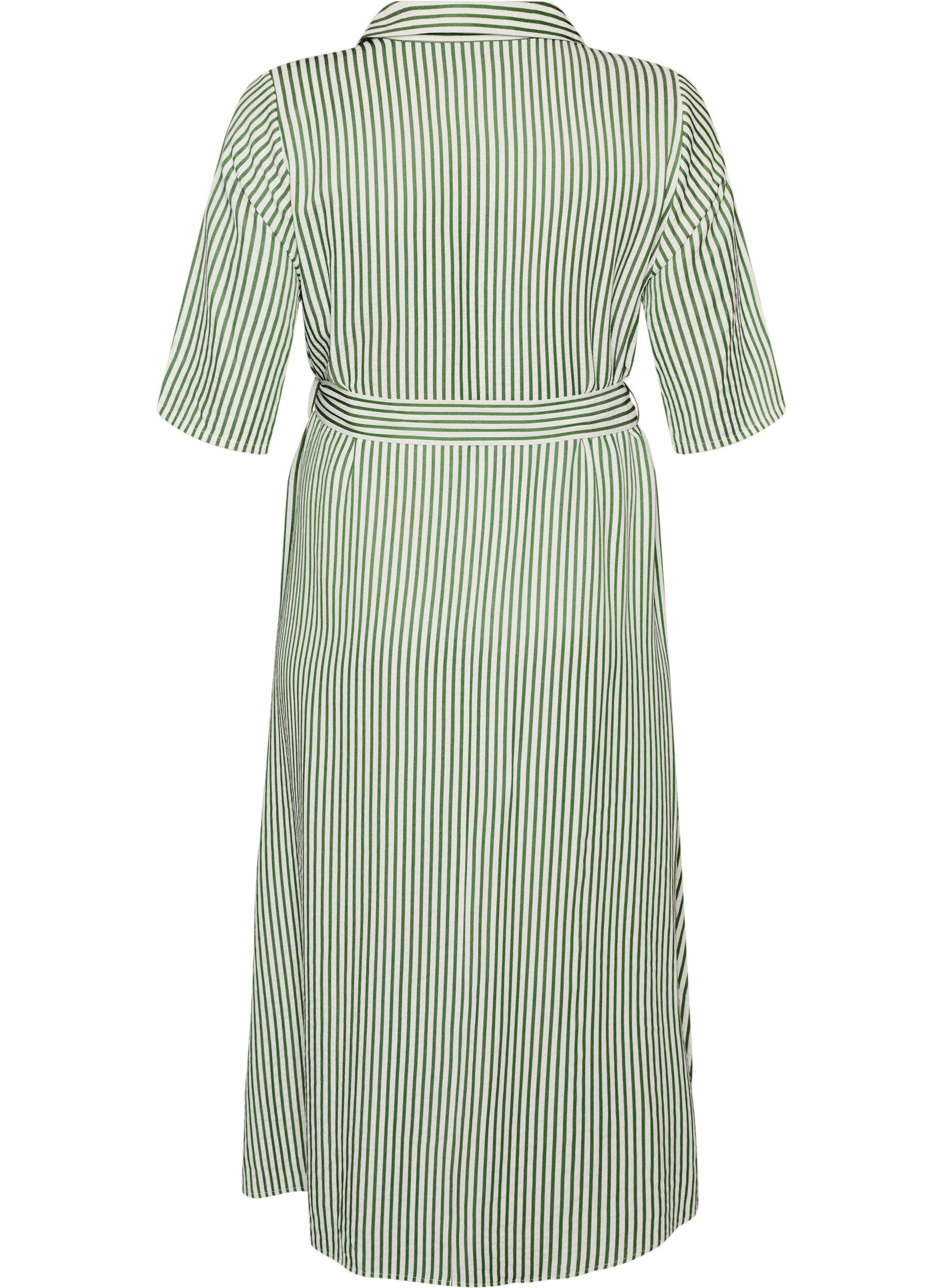 Zizzifashion Ankle-length shirt dress with tie belt and stripes, Green, Packshot image number 1