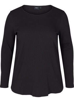 Long-sleeved ribbed blouse with a round neck, Black, Packshot image number 0