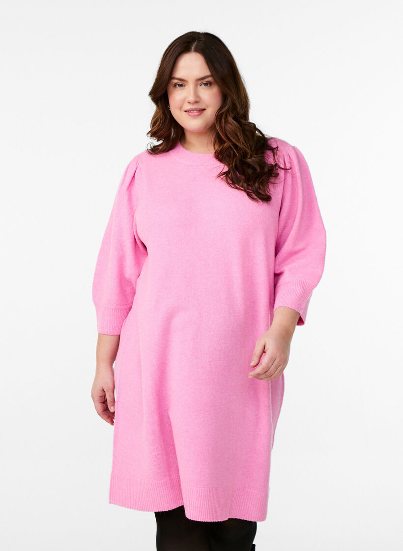 Knitted dress with 3/4 sleeves and a round neck, B. Pink White Mel., Model image number 0