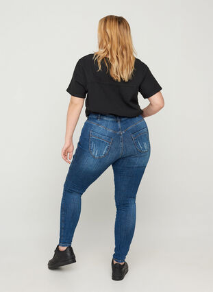 High-waisted Amy jeans with distressed look, Blue denim, Model image number 1